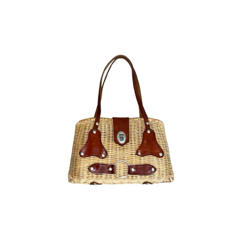 VTG 60s 70s Natural Wicker Rattan Cottagecore Basket Handbag Leather Trim Purse